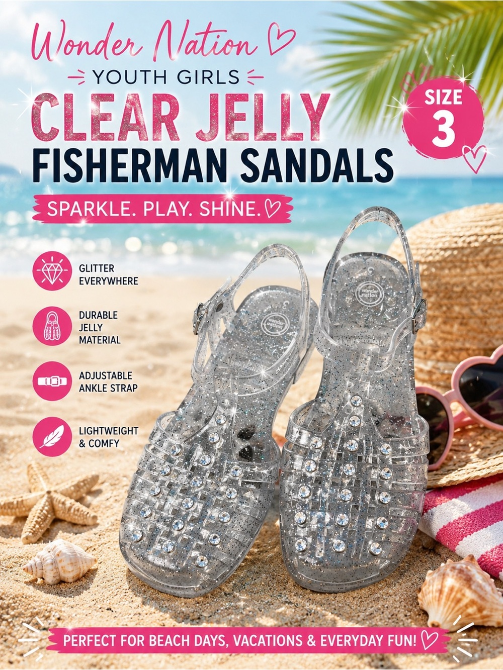 Wonder Nation Youth Girls Clear Glitter Jelly Fisherman Sandals Size 3